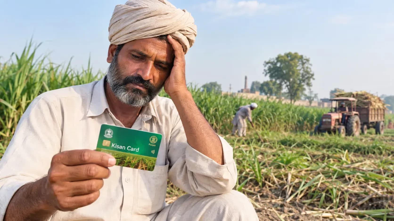 Farmer standing in a sugarcane field in Punjab, Pakistan and looking on Kisan Card